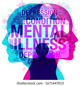 A male and female side silhouette positioned back to back, overlaid with various semi-transparent jigsaw pieces and words all themed on the topic of “Mental health and Illness.