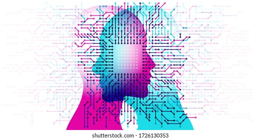 A male and female side silhouette positioned face to face, overlaid with a white single Computer Chip detail and numerous circuit board electronic details.