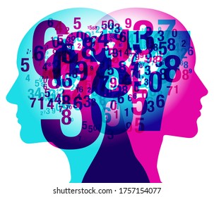 A male and female side silhouette positioned back to back, overlaid with various sized semi-transparent numbers. 