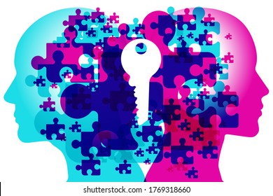 A male and female side silhouette positioned back to back, overlaid with various semi-transparent Jigsaw puzzle piece shapes. Overlaid across the centre is a white key symbol.