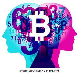 A male and female side silhouette positioned back to back, overlaid with various sized semitransparent numbers. A solid white “Bitcoin” currency symbol is placed between the 2 figures.