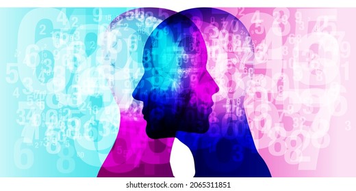 A male and female side silhouette positioned face to face, overlaid with countless numerous sized semi-transparent number shapes.