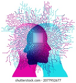 A male and female side silhouette positioned face to face, overlaid with a white single Computer Chip detail and numerous circuit board electronic details.