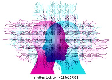 A male and female side silhouette positioned face to face, overlaid with a white single Computer Chip detail and numerous circuit board electronic details.