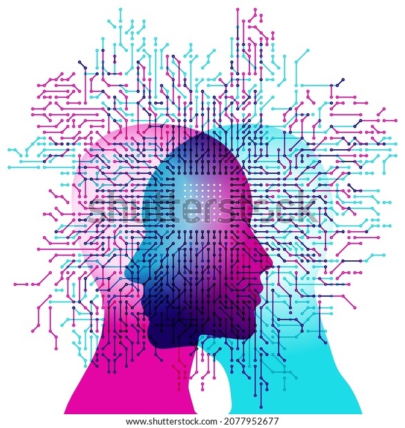 A male and female side silhouette\
positioned face to face, overlaid with a white single Computer Chip\
detail and numerous circuit board electronic\
details.