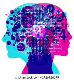 A Male and Female side silhouette profile overlaid with various blending numbers and circular shapes. Centred is a semi glowing computer CPU and circuit board.