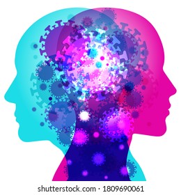 A Male and Female side silhouette profile overlaid with various blending semi-transparent infectious Covid-19, Virus particle shapes.