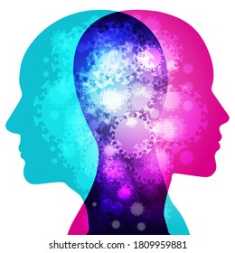 A Male and Female side silhouette profile overlaid with various blending semi-transparent infectious Covid-19 / Virus particles.