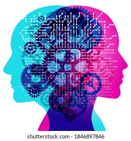 A Male and Female side silhouette profile overlaid with various semi-transparent Machine Gears shapes. Centrally positioned is CPU and electronic circuit board pattern.