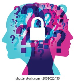 A male and female side silhouette profile overlaid with various blending semi-transparent Question Marks. Overlaid at the centre is a white padlock symbol.