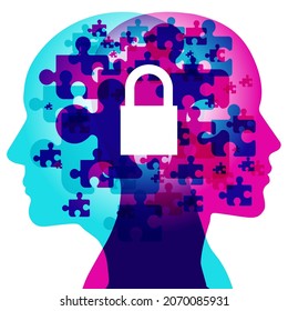 A Male and Female side silhouette profile overlaid with various blending semi-transparent jigsaw shapes. Centrally positioned is a solid white "locked" Padlock.