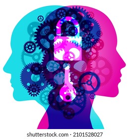 A Male and Female side silhouette profile overlaid with various semi-transparent machine Gears shapes. Centre placed is a translucent white Padlock and Key icon.