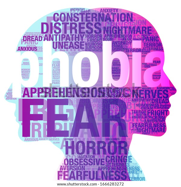 A\
male and female side silhouette profile overlaid with various\
semi-transparent words based on the subject\
“Phobia”.