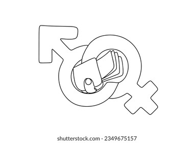 Male and female sign, inside which is a purse with money. Symbol of equal pay for male and female labor. International Equal Pay Day. One line drawing for different uses. Vector illustration.