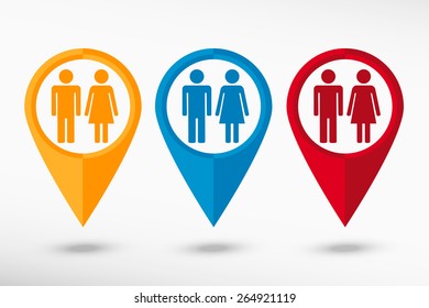 Male and female sign map pointer, vector illustration. Flat design style