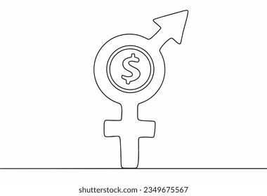 Male and female sign with money inside. Symbol of equal pay for male and female labor. International Equal Pay Day. One line drawing for different uses. Vector illustration.