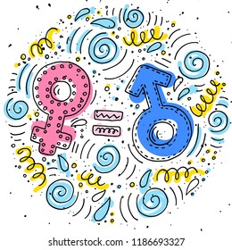 Male and female signs drawn in the doodle style. Suitable for fabric, t-shirt, print, postcard, poster and cover. Vector illustration