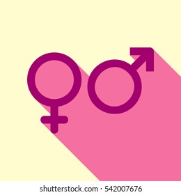 Male and female signs. Flirt color icon with cyclamen flat style shadow path on cream background.