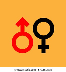Male and female signs of a heart on a yellow background. Vector illustration