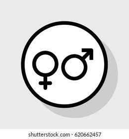 Male and female signs. Vector. Flat black icon in white circle with shadow at gray background.