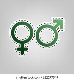 Male and female signs. Vector. Green icon with outline for cutting out at gray background.