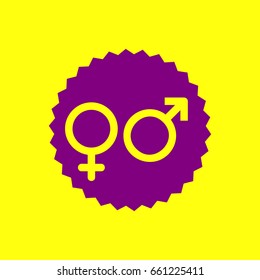 Male and female signs. Vector. Violet label with hole as icon on yellow background.