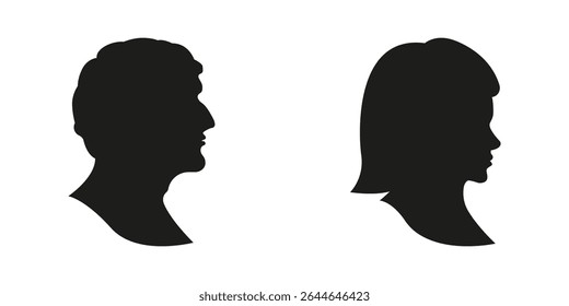 Male And Female Silhouette Profiles Solid Icon Set. Gender Representation And Identity Silhouette Symbol Collection. Human Profile Silhouettes For Social Media. Isolated Vector Illustration.
