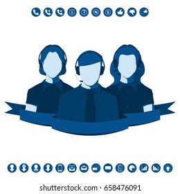 Male and female silhouettes of call center operators with headset. Customer service representative, faceless man and woman. Vector icon set in flat style.