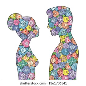 Male and female silhouettes with colored floral pattern. Man and woman looking to each other. Vector illustration