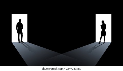 Male and female silhouettes in the doorway. Flat vector illustration isolated on black background.