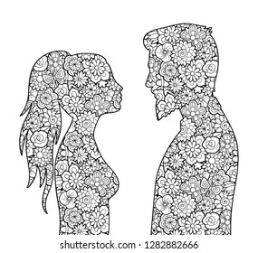 Male and female silhouettes with flowers. Two figures looking to each other. Black and white vector illustration. Antistress coloring page for adults