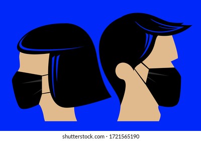 Male and female silhouettes with medical masks. Vector illustration