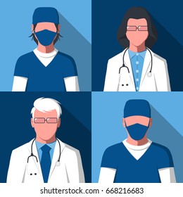 Male and female silhouettes of medical workers for user profile picture. Avatars of men and women in health care. Hospital staff: doctors and nurses in flat style. Vector illustration.