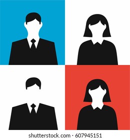 Male and female silhouettes, simple icons in a flat style, black and white, vector illustrations