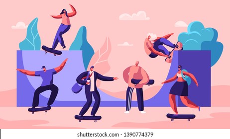 Male and Female Skateboard Characters. Stylish Skating Teenagers Making Stunts and Tricks, Jumping on High Speed on Boards. Extreme Summertime Activity, Skateboarding. Cartoon Flat Vector Illustration