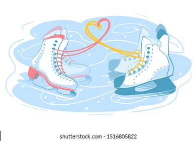 Male and female skates together, couple on the ice rink. Two different ice skate boots with love heart sign made of shoelaces. Romantic winter holiday postcard illustration. Isolated white background