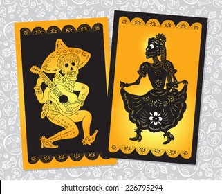 male and female skeletons performing a hot Mexican dance