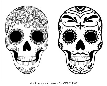 Male and female skull with pattern. Floral Day of the Dead Sugar. Dia de los Muertos Mexican national holiday. Hand drawn sketch. Vector illustration Isolated on white background. Coloring book page