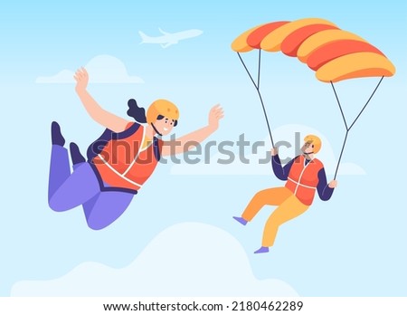 Male and female skydivers in air with parachute. Man and woman or paratroopers skydiving together, flying with paraglider flat vector illustration. Extreme sport, recreation, hobby concept Stock photo © 