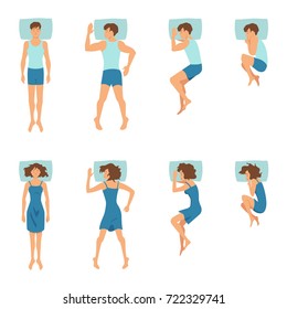 Male and female in sleeping poses. Top view illustrations of relaxing positions. Man and woman pose in bed in vector style