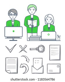 Male and female, smart people working together. Collaboration and isolated icons set vector. Magnifying glass, checkmark and cross, paper and message