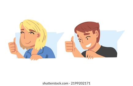 Male and Female as Social Media Follower and Subscriber Showing Adoration with Thumb Up Vector Set