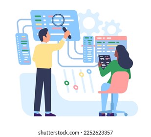 Male and female software testers. People testing application or website code. Programmers searching bugs. PC system correction. Computer programming and network coding