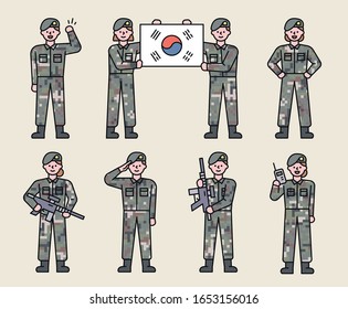 Male And Female Soldier Characters In Various Poses. Flat Design Style Minimal Vector Illustration.