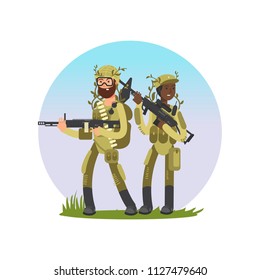 Male and female soldiers cartoon character design isolate on white. Vector illustration