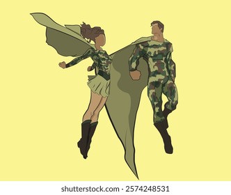 male and female soldiers as cartoon heroes 