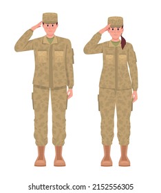 Male And Female Soldiers Saluting Semi Flat Color Vector Characters. Standing Figures. Full Body People On White. Military Career Simple Cartoon Style Illustration For Web Graphic Design And Animation