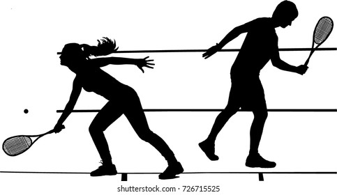 Male and female squash players playing a match vector