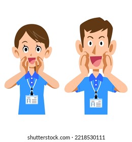 Male and female staff in short-sleeved polo shirts calling