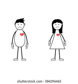 Male and female stick figures with broken hearts